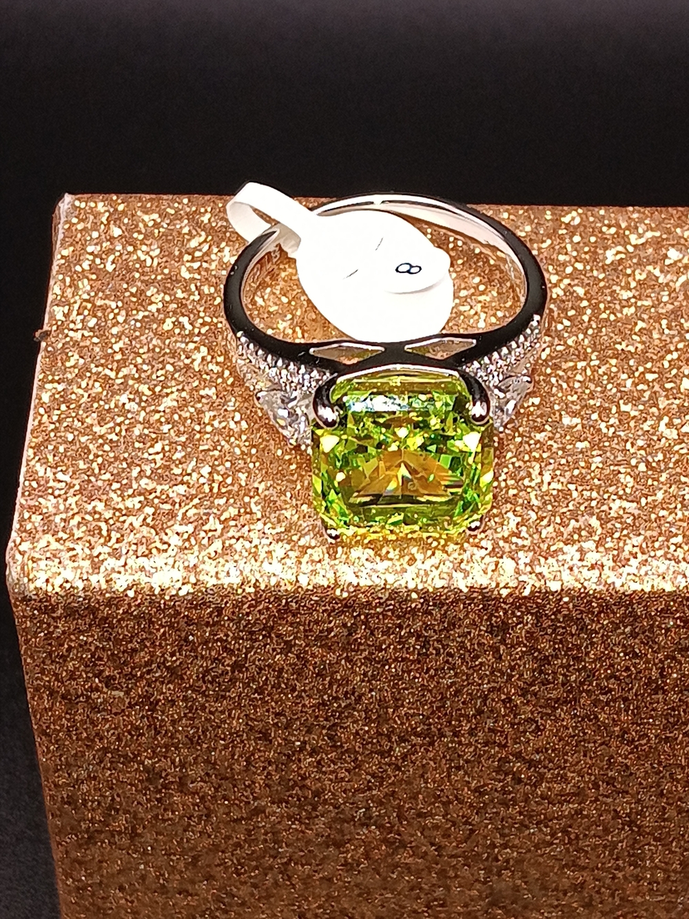 Silver Ring with Bright Peridot Green Cushion Gemstone